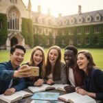Diverse group of international students sitting at a university campus planning their future, representing the top benefits of studying abroad in 2026 and global education opportunities.
