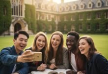 Diverse group of international students sitting at a university campus planning their future, representing the top benefits of studying abroad in 2026 and global education opportunities.