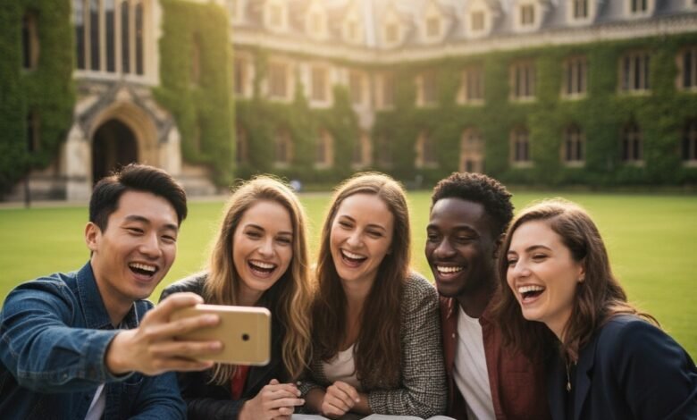 Diverse group of international students sitting at a university campus planning their future, representing the top benefits of studying abroad in 2026 and global education opportunities.