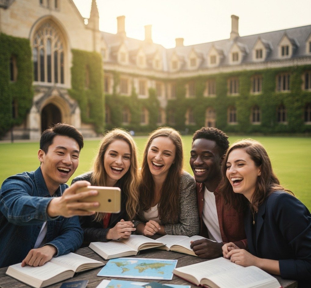 Diverse group of international students sitting at a university campus planning their future, representing the top benefits of studying abroad in 2026 and global education opportunities.
