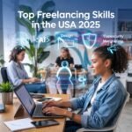 A diverse group of freelancers working remotely with holographic icons symbolizing top AI, coding, design, cybersecurity, and marketing skills.