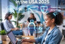 A diverse group of freelancers working remotely with holographic icons symbolizing top AI, coding, design, cybersecurity, and marketing skills.