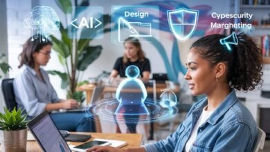 A diverse group of freelancers working remotely with holographic icons symbolizing top AI, coding, design, cybersecurity, and marketing skills.