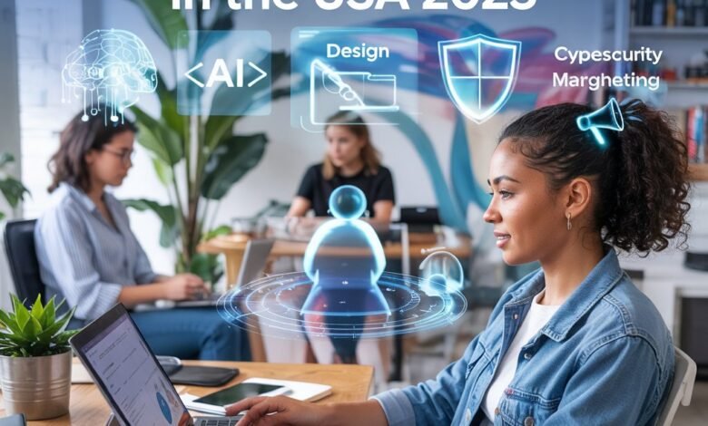 A diverse group of freelancers working remotely with holographic icons symbolizing top AI, coding, design, cybersecurity, and marketing skills.