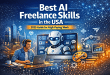Graphic for the guide to the best AI freelance skills and high-paying work in the USA for 2025.