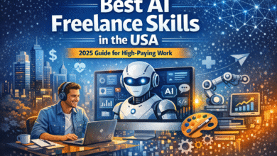 Graphic for the guide to the best AI freelance skills and high-paying work in the USA for 2025.