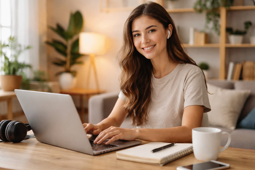 Student working on laptop from home during remote internship in 2026