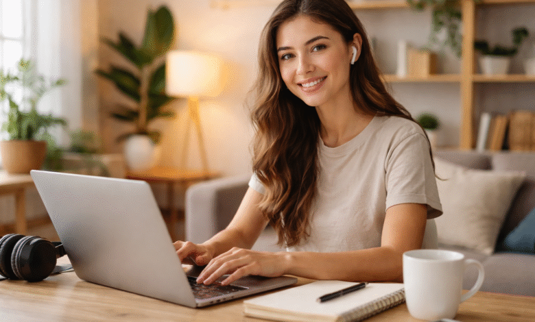 Student working on laptop from home during remote internship in 2026