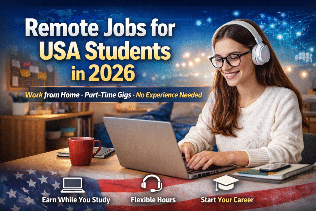 Student working on laptop at home for remote jobs in the USA 2026, surrounded by textbooks and coffee