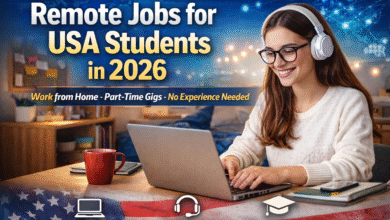 Student working on laptop at home for remote jobs in the USA 2026, surrounded by textbooks and coffee