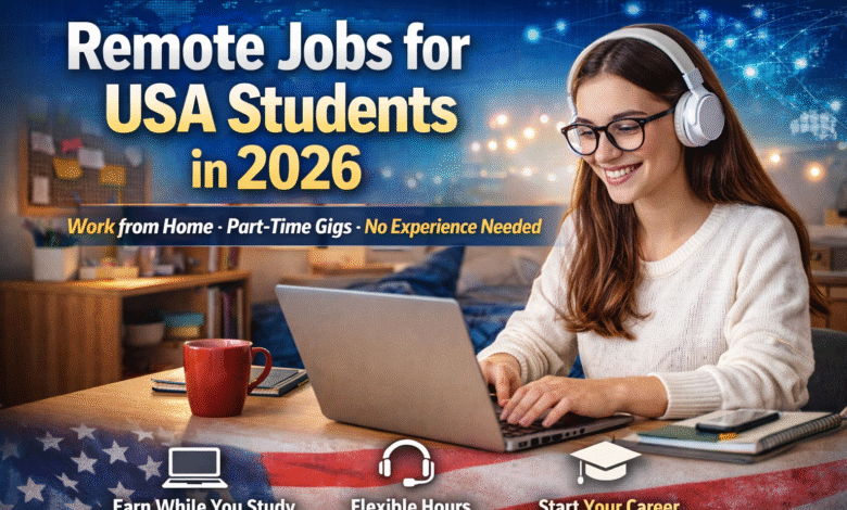Student working on laptop at home for remote jobs in the USA 2026, surrounded by textbooks and coffee