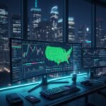 High-tech algorithmic trading setup in a modern USA office with multiple curved monitors displaying real-time financial charts, AI data analytics, and stock market trends at night.