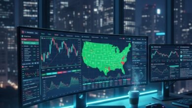 High-tech algorithmic trading setup in a modern USA office with multiple curved monitors displaying real-time financial charts, AI data analytics, and stock market trends at night.