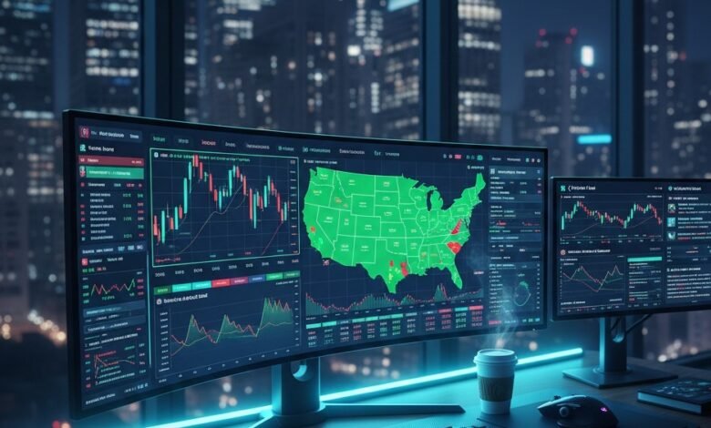 High-tech algorithmic trading setup in a modern USA office with multiple curved monitors displaying real-time financial charts, AI data analytics, and stock market trends at night.