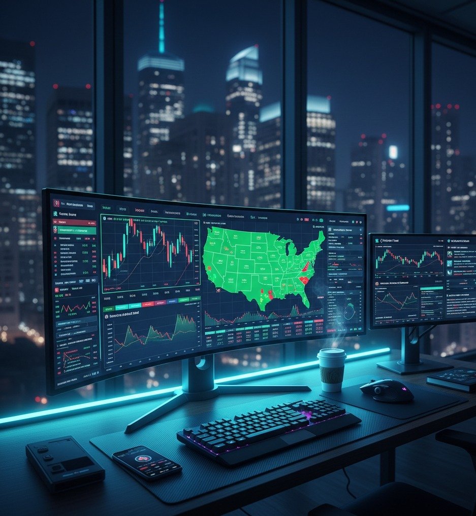 High-tech algorithmic trading setup in a modern USA office with multiple curved monitors displaying real-time financial charts, AI data analytics, and stock market trends at night.