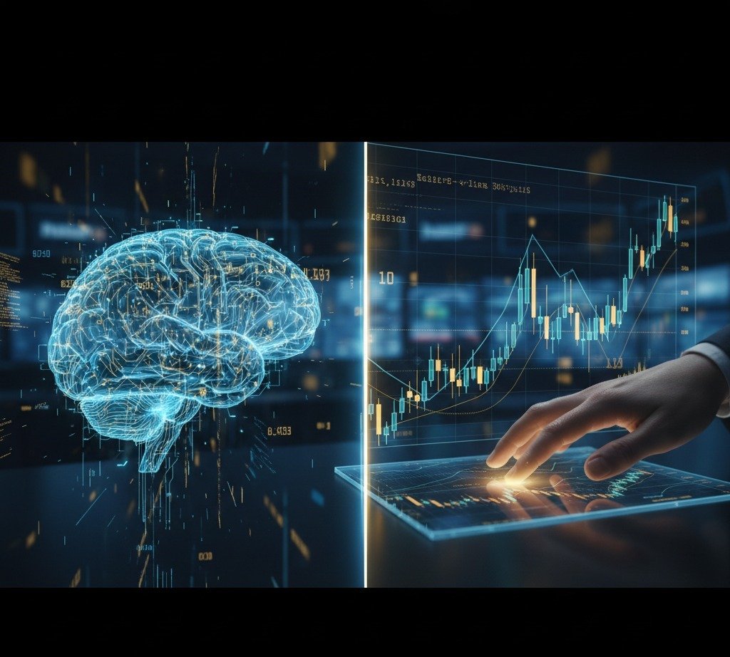 Comparison of Algorithmic Trading vs Manual Trading showing automated AI code logic versus human trader intuition for USA stock market beginners in 2026.