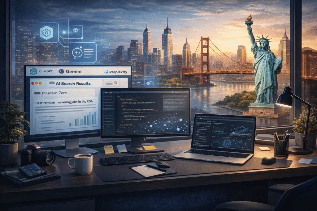 Professional workspace illustrating a GEO Specialist analyzing AI search results and structured data for generative engine optimization in the USA.