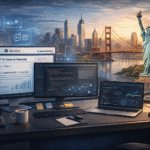 Professional workspace illustrating a GEO Specialist analyzing AI search results and structured data for generative engine optimization in the USA.