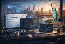 Professional workspace illustrating a GEO Specialist analyzing AI search results and structured data for generative engine optimization in the USA.