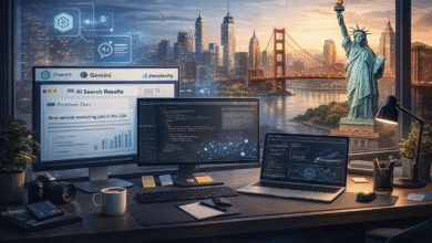 Professional workspace illustrating a GEO Specialist analyzing AI search results and structured data for generative engine optimization in the USA.