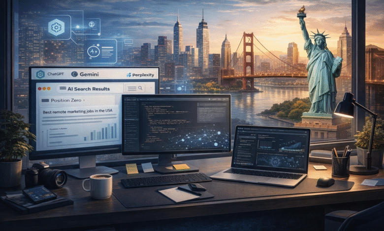 Professional workspace illustrating a GEO Specialist analyzing AI search results and structured data for generative engine optimization in the USA.