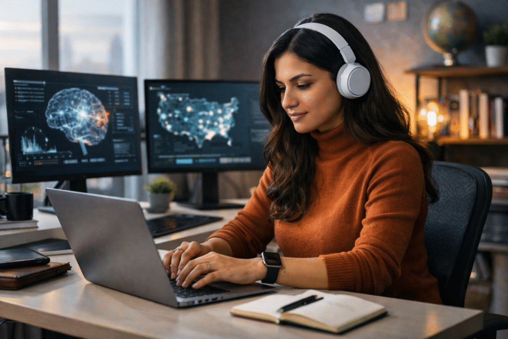 GEO specialist working remotely on AI-driven content optimization using multiple screens in a modern home office