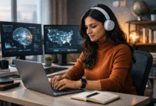 GEO specialist working remotely on AI-driven content optimization using multiple screens in a modern home office