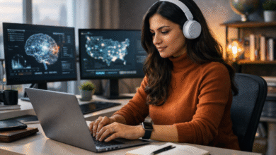 GEO specialist working remotely on AI-driven content optimization using multiple screens in a modern home office