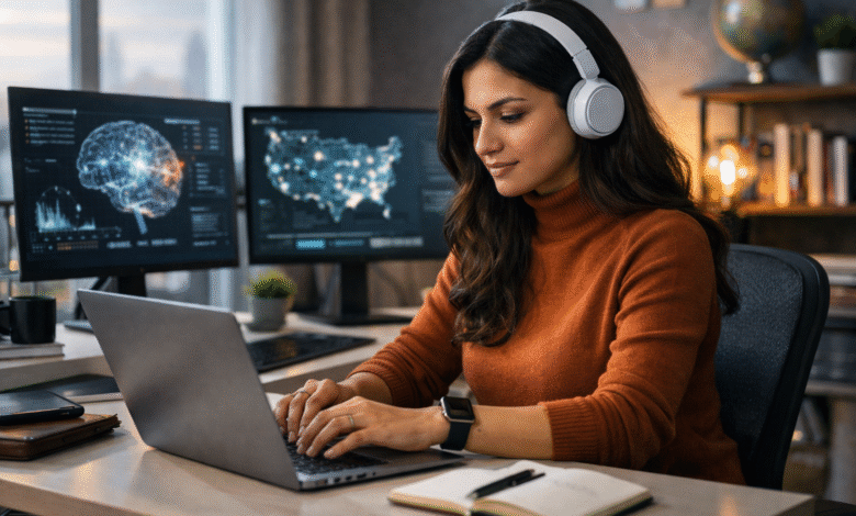 GEO specialist working remotely on AI-driven content optimization using multiple screens in a modern home office