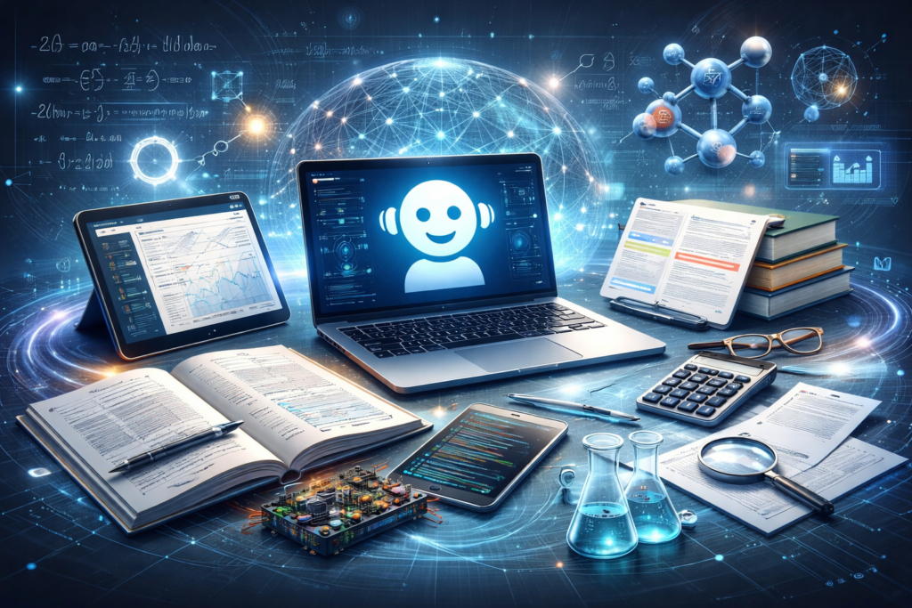 Futuristic digital workspace with AI-powered tools for science and engineering students, featuring laptops, tablets, open textbooks, formulas, graphs, circuits, and glowing data connections, 2026.