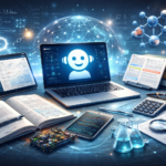 Futuristic digital workspace with AI-powered tools for science and engineering students, featuring laptops, tablets, open textbooks, formulas, graphs, circuits, and glowing data connections, 2026.