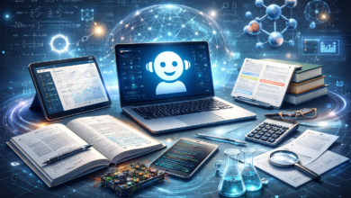 Futuristic digital workspace with AI-powered tools for science and engineering students, featuring laptops, tablets, open textbooks, formulas, graphs, circuits, and glowing data connections, 2026.