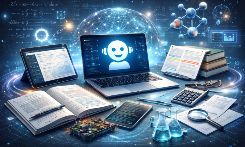Futuristic digital workspace with AI-powered tools for science and engineering students, featuring laptops, tablets, open textbooks, formulas, graphs, circuits, and glowing data connections, 2026.