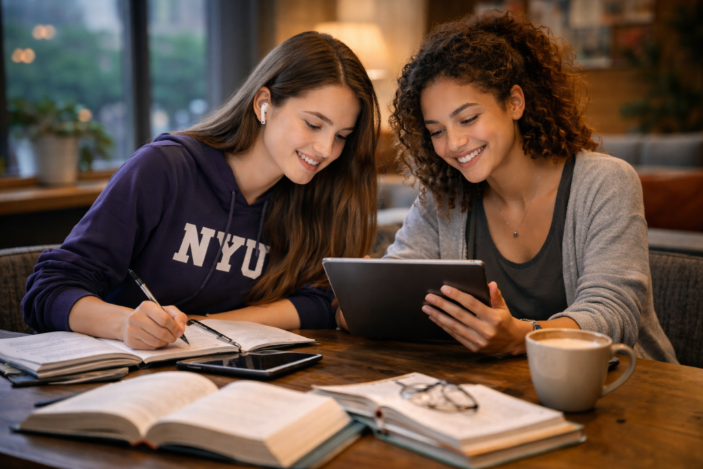 Free AI tools for homework, research, and exams used by two USA college students studying at a café on a tablet with books and coffee