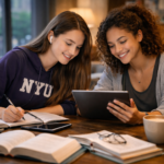Free AI tools for homework, research, and exams used by two USA college students studying at a café on a tablet with books and coffee