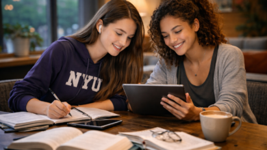 Free AI tools for homework, research, and exams used by two USA college students studying at a café on a tablet with books and coffee