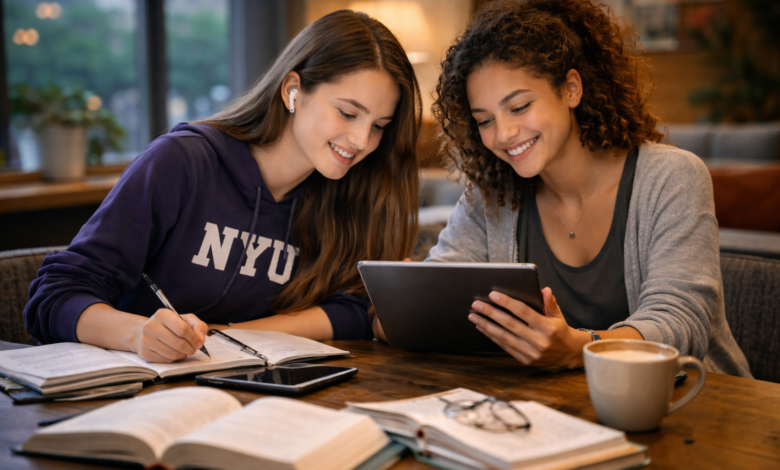 Free AI tools for homework, research, and exams used by two USA college students studying at a café on a tablet with books and coffee