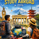 Students with backpacks looking at famous world landmarks while planning to study abroad