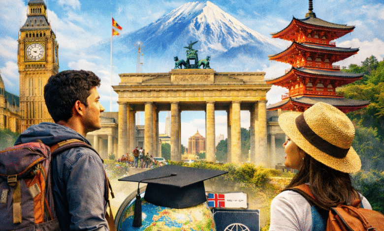 Students with backpacks looking at famous world landmarks while planning to study abroad