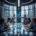 A futuristic 2026 classroom setting where diverse US students are sitting at a high-tech glass table using laptops. Above them, glowing holographic icons and UI elements float in the air, representing various AI research and writing tools in a modern, blue-toned digital environment.