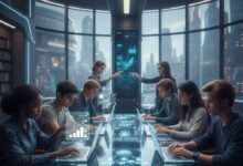 A futuristic 2026 classroom setting where diverse US students are sitting at a high-tech glass table using laptops. Above them, glowing holographic icons and UI elements float in the air, representing various AI research and writing tools in a modern, blue-toned digital environment.