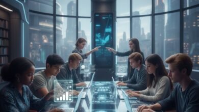A futuristic 2026 classroom setting where diverse US students are sitting at a high-tech glass table using laptops. Above them, glowing holographic icons and UI elements float in the air, representing various AI research and writing tools in a modern, blue-toned digital environment.