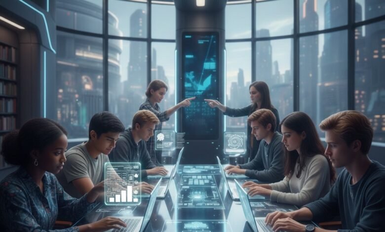 A futuristic 2026 classroom setting where diverse US students are sitting at a high-tech glass table using laptops. Above them, glowing holographic icons and UI elements float in the air, representing various AI research and writing tools in a modern, blue-toned digital environment.