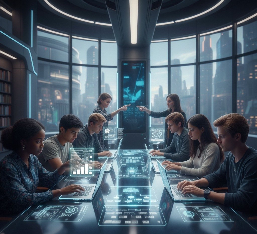 A futuristic 2026 classroom setting where diverse US students are sitting at a high-tech glass table using laptops. Above them, glowing holographic icons and UI elements float in the air, representing various AI research and writing tools in a modern, blue-toned digital environment.