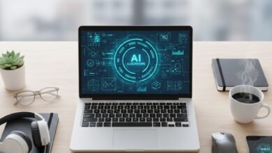 Jr GEO Specialist workspace with a laptop showing AI search algorithms and free tools for generative engine optimization.