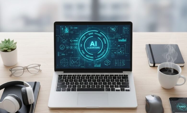 Jr GEO Specialist workspace with a laptop showing AI search algorithms and free tools for generative engine optimization.