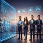 Diverse international students standing confidently next to a digital AI interface, representing AI proof jobs in the USA 2026.