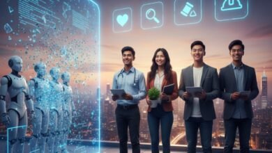 Diverse international students standing confidently next to a digital AI interface, representing AI proof jobs in the USA 2026.