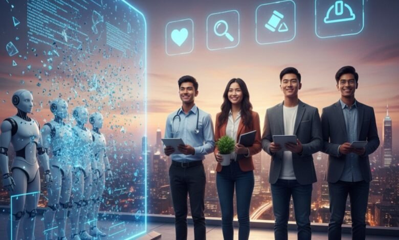 Diverse international students standing confidently next to a digital AI interface, representing AI proof jobs in the USA 2026.