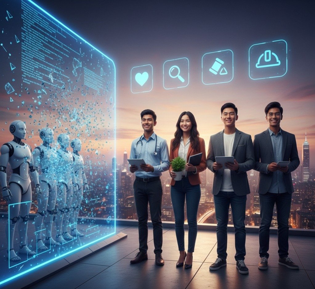 Diverse international students standing confidently next to a digital AI interface, representing AI proof jobs in the USA 2026.